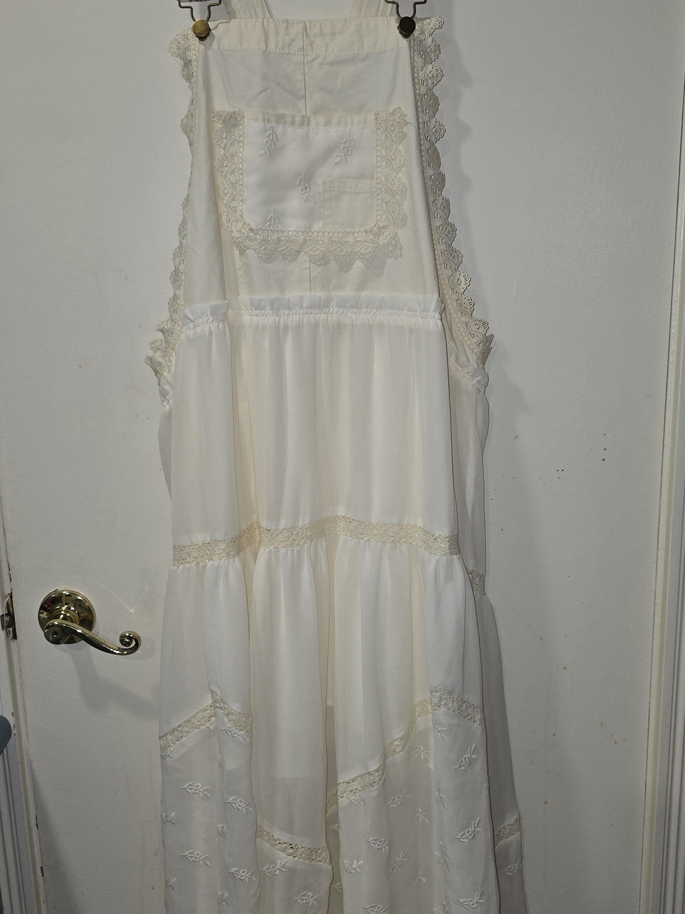 Women's Elegant Cream Apron Maxi Dress with Lace Trim